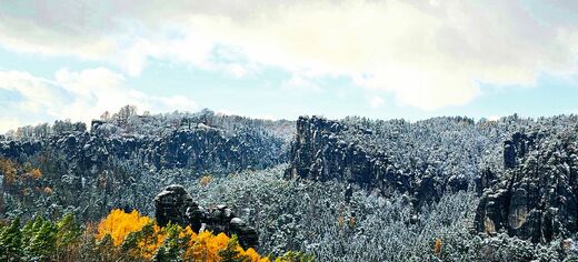 Winterlandschaft mit schneebedeckten Bergen und bunten, herbstlichen Bäumen im Vordergrund